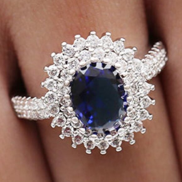 Elegant Blue 925 Silver Plated Oval Sun Flower Royal Ring for Women, V… - Picture 2 of 8